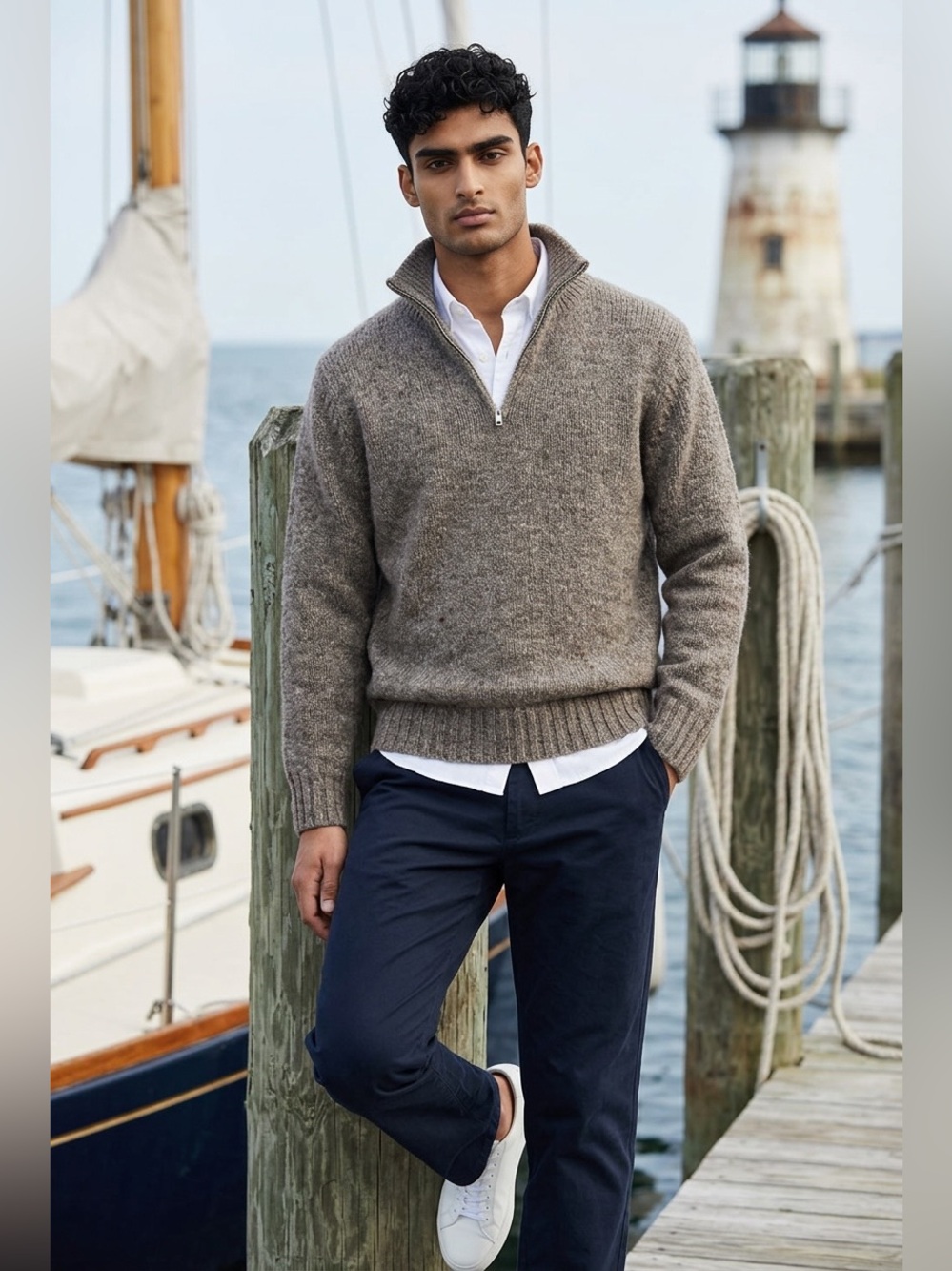 Norsewear Pure Wool Funnel Neck Sweater Quarter Zip Men Large Oatmeal Fisherman